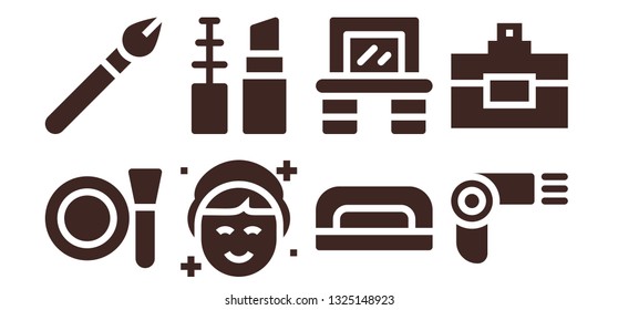 perfume icon set. 8 filled perfume icons.  Collection Of - Make up, Makeup, Nail dryer, Vanity, Hairdryer, Perfume