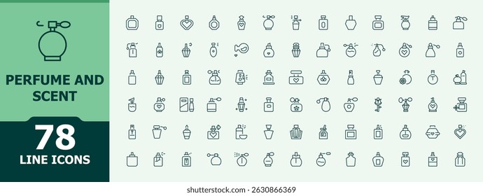 Conjunto de ícones de perfume. Conter símbolos lineares beleza, fumaça, editar, perfume, fresco e muito mais. Ícone de cheiro definido. Pacote de ícones minimalistas. Ilustração vetorial.