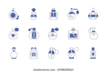 Conjunto de iconos de perfume. Estilo duotono trazo de línea y negrita. Ilustración vectorial. Contiene perfume, fragancia, colonia.