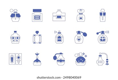 Conjunto de iconos de perfume. Estilo duotono trazo de línea y negrita. Ilustración vectorial. Contiene perfume, colonia, ambientador.