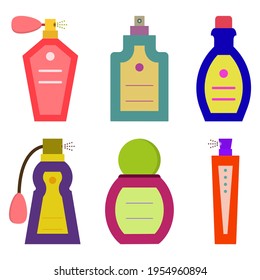 Perfume icon set. Flat colored set of perfume vector icons for web design. Clipart and drawing on white background.