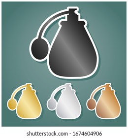 Perfume icon. Set of metallic Icons with gray, gold, silver and bronze gradient with white contour and shadow at viridan background. Illustration.
