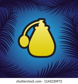 Perfume icon. Vector. Golden icon with black contour at blue background with branches of palm trees.