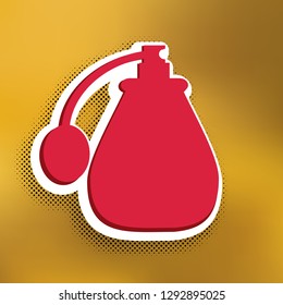 Perfume icon. Vector. Magenta icon with darker shadow, white sticker and black popart shadow on golden background.