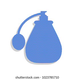 Perfume icon. Vector. Neon blue icon with cyclamen polka dots pattern with light gray shadow on white background. Isolated.