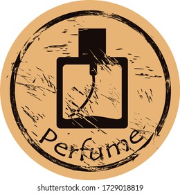 Perfume icon vector round shabby emblem flat design, old retro style. Perfume bottle mail stamp on craft paper. Cologne shape vintage grunge sign. Logo women's perfume. Icon for web design. 