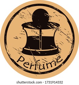 Perfume icon vector round shabby emblem flat design, old retro style. Perfume bottle mail stamp on craft paper. Cologne shape vintage grunge sign. Logo women's perfume. Icon for web design. 