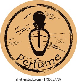 Perfume icon vector round shabby emblem flat design, old retro style. Perfume bottle mail stamp on craft paper. Cologne shape vintage grunge sign. Logo women's perfume. Icon for web design. 