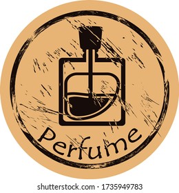 Perfume icon vector round shabby emblem flat design, old retro style. Perfume bottle mail stamp on craft paper. Cologne shape vintage grunge sign. Logo women's perfume. Icon for web design. 