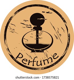 Perfume icon vector round shabby emblem flat design, old retro style. Perfume bottle mail stamp on craft paper. Cologne shape vintage grunge sign. Logo women's perfume. Icon for web design. 