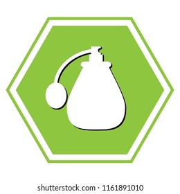 Perfume icon. Vector. White icon with black shadow at yellow green honeycomb on white background.