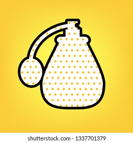 Perfume icon. Vector. Yellow polka dot white icon with black contour at warm yellow background.