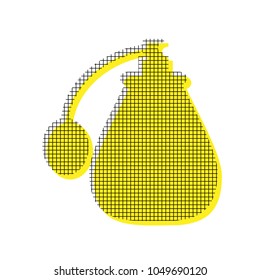 Perfume icon. Vector. Yellow icon with square pattern duplicate at white background. Isolated.