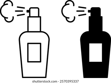 Perfume Icons. Black and White Vector Illustration. Perfume Bottle with Dispenser. Spraying Aroma, Cosmetics. Fashion Concept