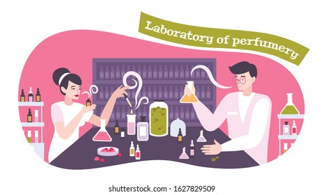 Perfume icons concept with laboratory of perfumery symbols flat vector illustration
