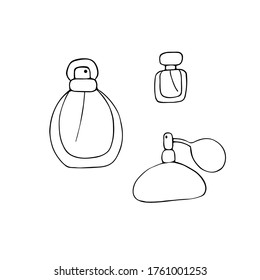 Perfume icons set. Different shapes of bottles. Fragrance signs. Doodle hand drawn vector graphic