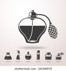 Perfume icons set, different shapes of bottles. vector