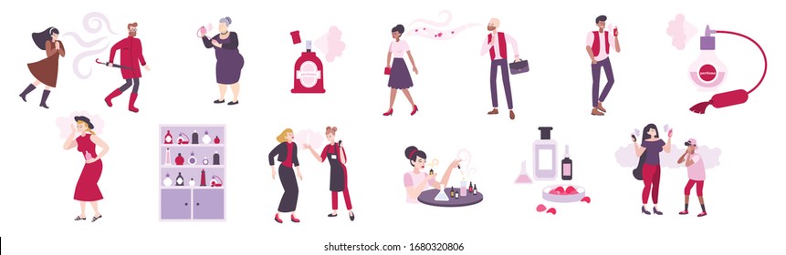 Perfume icons set with people and shops flat isolated vector illustration