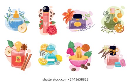 Perfume ingredients. Essential oil bottles and aromatherapy elements. Perfumery aroma. Fragrances notes. Fruits smell. Flower and spice flavors. Aromatic cosmetic. Recent