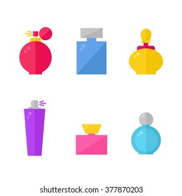 Perfume iconos aislados en el fondo. Botellas perfume puestas. Fragrancia. Ilustración vectorial de línea plana.