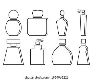 Perfume isolated icons set on white background with fragrance, spray and scense. Linear and outline perfume bottles. Vector illustration. Clipart and drawing.
