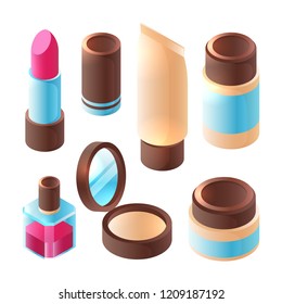 Perfume isometric. Dimension false nails brush eyeshadows makeup colorful mask cream lips palette color vector beauty collection. Beauty makeup isometric, lipstick and cosmetic for face illustration