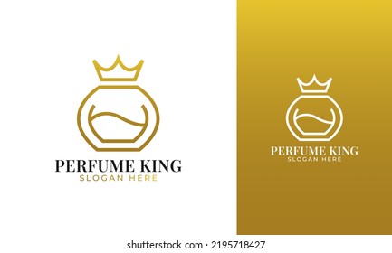 Perfume king logo design. Bottle perfume with crown icon for luxury scent