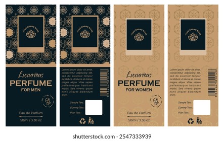 Diseños de la etiqueta del perfume Colección elegante con las Plantillas del marco del oro y del negro para el empaquetado lujoso del Producto, incluye las Plantillas del logotipo y de la etiqueta para el jabón, el vino, y la Ilustración vectorial de la loción