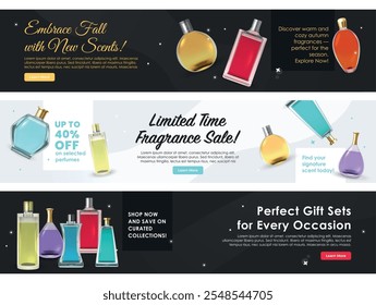 Perfume limited time fragrance sale banner design template set realistic vector illustration. Luxury beauty cosmetic aroma bottle online shopping makeup discount special offer landing page