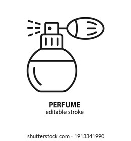 Parfüm-Zeilensymbol. Flasche mit Lotion. Bearbeitbarer Strich.