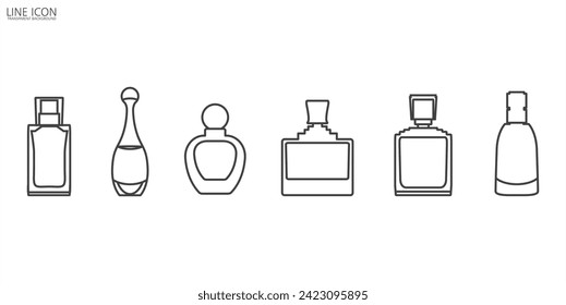 Perfume line icons. Perfume bottles, icon set. Eau de toilette. Packaging of various shapes, linear icons of parfumes in transparet background.