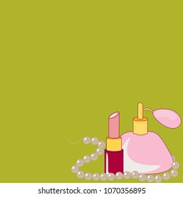 Perfume, lipstick and beads made from pearls. Pink perfume. Red lipstick. Pearl. Ladies' table. Date. Romantic mood.