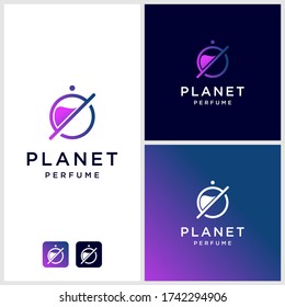 Perfume logo design with planet outline, unique, modern Premium Vector