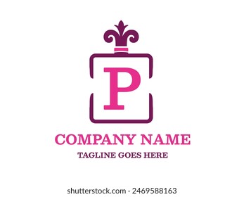 Perfume logo. Vector graphic illustration of a perfume bottle symbol with sample text. Pink Logo Elegan Luxury Perfume Fragnance letter P. P Logotype