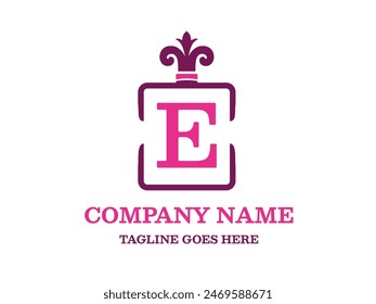 Perfume logo. Vector graphic illustration of a perfume bottle symbol with sample text. Pink Logo Elegan Luxury Perfume Fragnance letter E. E Logotype