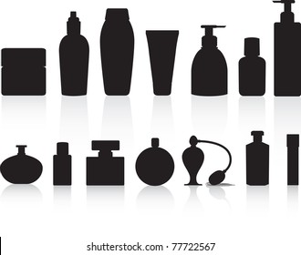 Perfume, lotions, potions and beauty product bottles as black detailed vector silhouettes