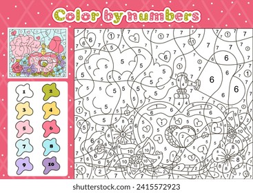 Perfume of love themed coloring page by number for kids with cute flowers, spring in the air, printable educational worksheet in cartoon style 