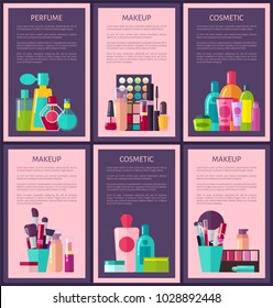 Perfume makeup cosmetic cards vector illustration isolated on lilac and pink backdrops, various cosmetic creams, nail polishes, powders and shampoos