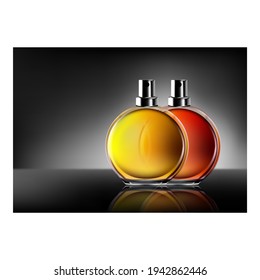 Perfume For Men Creative Advertise Poster Vector. Blank Perfume Glass Bottles On Bright Promotional Marketing Banner. Odor Elegance Present On Birthday Color Concept Template Illustration