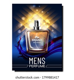 Perfume For Men Creative Promotional Banner Vector. Blank Perfume Flask On Luxury Advertising Marketing Poster. Fashionable Aroma Toiletry Water Gift On Holiday Color Concept Template Illustration