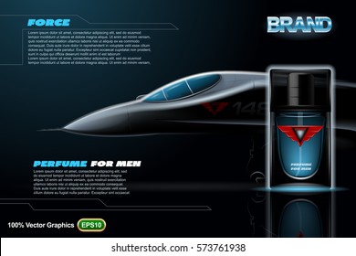 Perfume for men mock up advertise template, with fighter aircraft on dark background in 3d illustration 