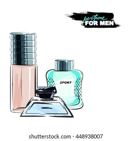 Perfume for men. Set of perfume bottles on white background. Different shapes of bottles. Vector illustration. Products for men.
