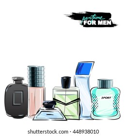 Perfume for men. Set of perfume bottles on white background. Different shapes of bottles. Vector illustration. Products for men.