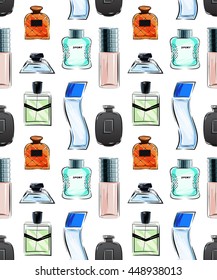 Perfume for men. Set of perfume bottles on white background. Different shapes of bottles. Vector illustration. Products for men.