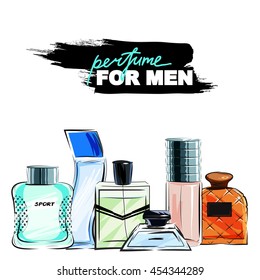 Perfume for men. Set of perfume bottles on white background. Different shapes of bottles. Vector illustration. Products for men.