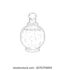 Perfume, mixture of fragrant essential oils or aroma compounds, in a glass bottle outline vector sketch. Medical essence in small antique vial with glass cork or stopper, isolated on white background.