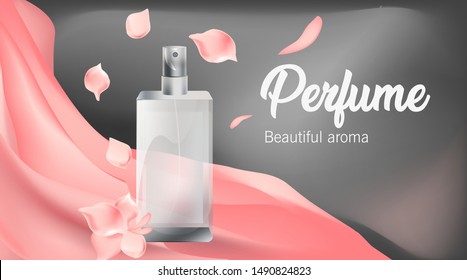 Perfume mock up with pink flowers in 3d illustration. Silk elegance background. vector