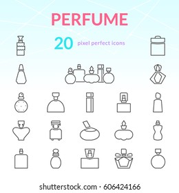 Perfume outline icon set of 20 thin modern and stylish icons. Different shapes of perfume bottles. Dark line version. EPS 10. Pixel perfect icons.
