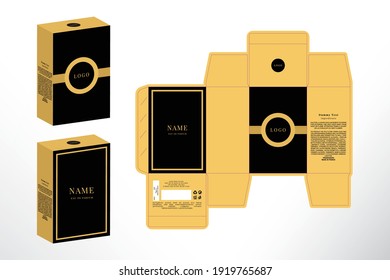 Perfume Packaging Box Design, Luxury Box die line, Box Mockup labels, icon, frames and Design elements, 3d Illustration, Vector design Template.