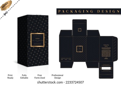 Perfume Packaging design, luxury box design template, Box die line, 3d Box Mockup, Box, Packaging Die Cut Template For Product vector design with 3D Preview Illustration Vector design Template.